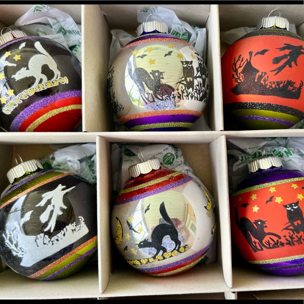 6 Halloween Radko Large Flocked Glass Ball Ornaments Owls Cat Witch Bats - Picture 5 of 10